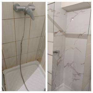 Photo de galerie - Les panneaux en PVC se collent facilement et s'emboîtent rapidement, c'est une solution idéale pour un appartement en location. ici la porte de douche a également été remplacée. 