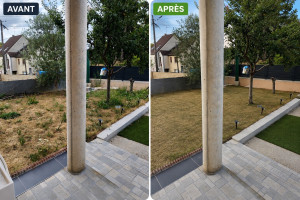 Photo de galerie - Avant / Après – Remise en état d’un espace vert. Intervention rapide et efficace pour un jardin propre et entretenu.