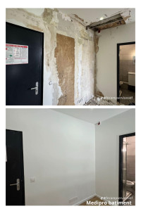 Photo de galerie - ✔ Reprise des murs dégradés (réparation, lissage) ✔ Réfection du plafond ✔ Application enduit + peinture finition propre ✔ Chantier protégé, nettoyé et livré prêt à l’usage  ? Résultat : murs nets, rendu homogène et durable