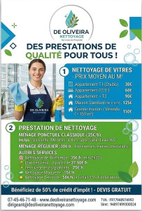 Photo de galerie - ✨ De Oliveira Nettoyage à votre service !
? Ménage (dès 30€/h) & nettoyage de vitres (dès 30€).
? Terrasse, moquette, état des lieux.
? Devis gratuit + 50% de crédit d'impôt !
Contactez-nous pour votre domicile