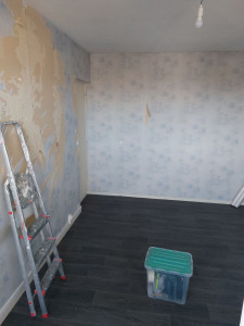 Photo de galerie - Dépose de l'ancienne tapisserie + évacuation des déchets à la déchetterie + rattrapage des aspérités creuses pour un rendu avant pose de tapisserie. 