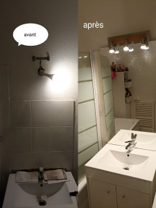 Photo de galerie - Fixation de meuble salle de bain avec vasque et miroir et la lumière 