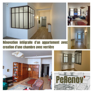 Photo de galerie - Renovation complète d’un appartement, transformation des volumes (ouverture de la cuisine, création d’une piece avec grande verrière sur mesure), salle de bain , wc et cuisine refait à neuf. Sol stratifié et peinture sur l’ensemble des surfaces 