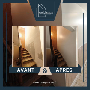 Photo de galerie - Rénovation d'une cage d'escalier suite à un dégât des eaux :
✨ Changement de plaques de placo
✨ Application de bandes & enduit
✨ Ponçage des surfaces 
✨ Peinture & finitions