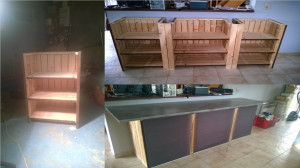 Photo de galerie - Fabrication meuble cuisine avec volets récupérés, en 3 partie facilement transportable.