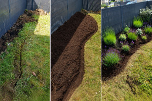 Photo de galerie - Décapage et préparation du sol ensuite apport de terre végétale et formation du massif et enfin plantation terminée pour un massif fleuri