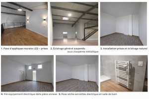 Photo de galerie - Installation électrique finalisée : pose d’appliques murales LED, éclairage général suspendu sous charpente métallique, prises périphériques, pré-équipement dans pièces annexes et raccordement d’un sèche-serviettes électrique en salle de bain.