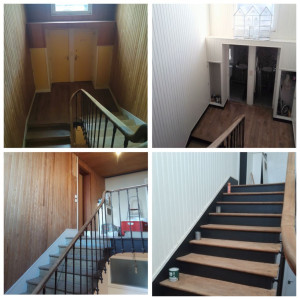 Photo de galerie - Cage d'escalier environ 100m2 entièrement en lambris bois.
peinture mur et plafond, plinthes, contre 
marche.
Décapage sol escalier inclus.