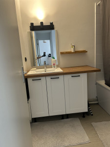 Photo de galerie - Pose de plan de travail dans salle de bain avec lavabo, robinetterie, caisson de rangement sous évier. Finition parfaite avec étagères, miroir et luminaires.
