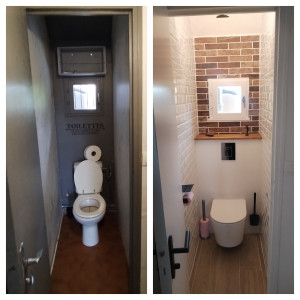 Photo de galerie - Rénovation d'un WC,
Dépose de l'existant et pose d'un WC suspendu, avec carrelage murale style métro et carrelage imitation brique