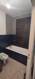 Photo de galerie - Rénovation d'une salle de bain complète avec pose de revêtement mural PVC noir et pare baignoire 