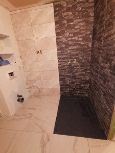 Photo de galerie - Pose d'un receveur de douche Italienne, plomberie et geberit pour toilette Suspendu et niche en carreaux de plâtre hydrofuge.