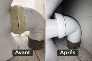 Photo de galerie - Remplacement d'une pipe WC fissurée par une installation neuve pour garantir une étanchéité totale et durable.