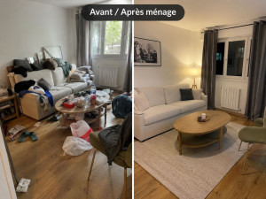 Photo de galerie - Avant / après ménage : remise en état complète du salon avec nettoyage, tri et réorganisation pour retrouver un espace propre, apaisant et fonctionnel. Et conseil appliqué d'une installation de tapis et tableau ?