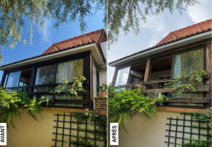 Photo de galerie - Travaux réalisés sur véranda ponçage traitement anti mythe, passage de lasure en deux