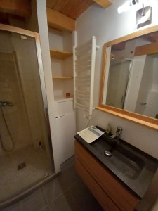 Photo de galerie - Pose d'un meuble vasque, miroir, sèche serviette et réalisation d'une porte de placard