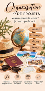 Photo de galerie - Organisation de projets de A à Z ✨

Vous avez un voyage, un séjour, un événement ou un projet à organiser, mais vous manquez de temps ?

Je m'occupe de tout selon vos envies et votre budget : recherche de prestataires, comparaison des offres...