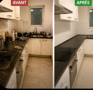 Photo de galerie - Avant : cuisine à nettoyer et à ranger.
Après : cuisine propre et rangée.