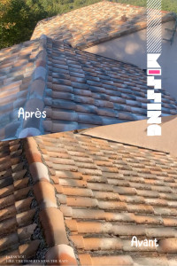 Photo de galerie - RÉNOVATION TOITURE – AVANT / APRÈS TUILES TERNIES ET ENCRASSÉES ASPECT IRRÉGULIER  APRÈS TOITURE NETTOYÉE ET REMISE EN ÉTAT TUILES PROPRES ET UNIFORMES MAISON VALORISÉE ET MIEUX PROTÉGÉE 