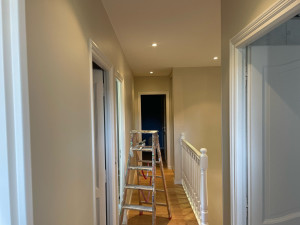 Photo de galerie - Rénovation complète d’un couloir : préparation des supports, peinture des murs, plafonds, portes et boiseries.