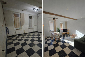 Photo de galerie - Voici une photo d’un salon entièrement rénové, à l’exception du sol en carrelage. J’ai réalisé les travaux de placo, le ratissage des murs, remise en valeur des poutres en bois apparentes. »