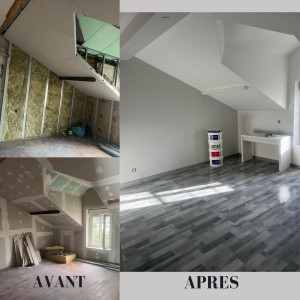 Photo de galerie - Découvrez l’une de mes récentes réalisations ! Plâtrerie, enduits, peinture et pose de parquet ont permis de transformer cet espace en un lieu moderne et chaleureux.