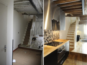 Photo de galerie - Avant aprés cuisine et escalier, travaux réalisé par notre expert en peinture