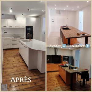 Photo de galerie - Rénovation totale !
Enlèvement de tous les anciens éléments et arrachage de la faïence. Réparation placo sous faïence, bandes à joint et remise en peinture blanche des murs et plafonds.
Pose de la cuisine encadrée par mes soins en l'absence des clients. 
