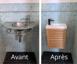 Photo de galerie - Démontage d'un ancien lavabo inox et remplacement par un lave main.