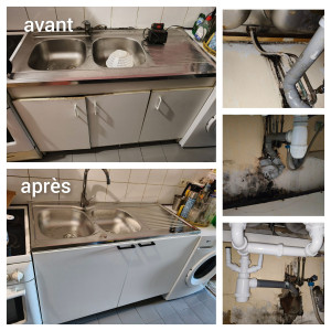 Photo de galerie - Trouver la fuite et remplacement d'un évier de cuisine ( meuble en kit, evier , mitigeur, nouveau raccordement sanitaire )