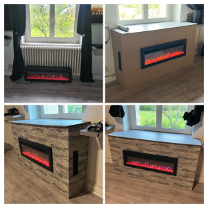 Photo de galerie - Création d’un coffrage pour cacher radiateur et intégrer une cheminée électrique 