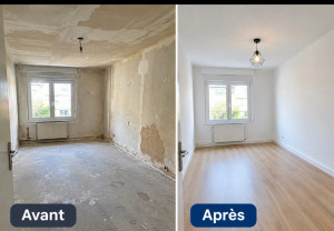 Photo de galerie -  Rénovation complète : préparation des murs, enduit, ponçage et peinture pour un résultat propre et soigné ! 