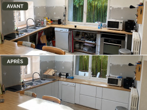 Photo de galerie - Aménagement d’une cuisine avec création de caissons fermés, pour moderniser l’ensemble et optimiser les rangements.