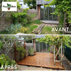Photo de galerie - Création d'une grande terrasse en intégrant les plantes, ainsi que d'une pergola où si plairont vigne et glycine. 