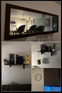 Photo de galerie - Fixation miroir mural + étagère + habillage bois mur tv 