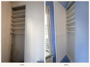 Photo de galerie - Traitement anti-moisissure de ce placard avec préparation des surfaces et remise en peinture soignée. Résultat plus sain, propre et lumineux