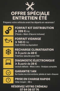Photo de galerie - ?️ OFFRE SPÉCIALE ENTRETIEN ÉTÉ ?️
Préparez votre véhicule avant les départs en vacances !

? FORFAIT KIT DISTRIBUTION
➡️ 399 € TTC
(Pièces + Main-d’œuvre incluses)

? FORFAIT VIDANGE
➡️ 145 € TTC