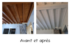 Photo de galerie - Peinture du plafond d'un salon (poutres en bois)