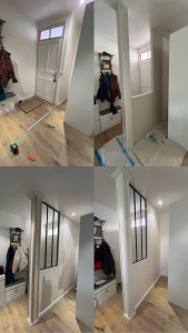 Photo de galerie - Réalisation d’une cloisons avec verrière intégrée, d’un poteaux en tête de cloison mouluré. 