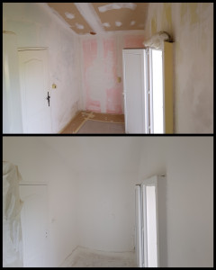 Photo de galerie - Pose d’enduit puis ponçage et enfin application de 2 couches de peinture blanche sur plafond et murs 