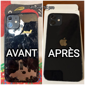 Photo de galerie - Réparation vitre arrière iPhone 12pro.