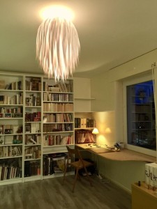 Photo de galerie - J’ai monté cette bibliothèque de chez IKEA et réalisé l’abat-jour qui est au plafond.