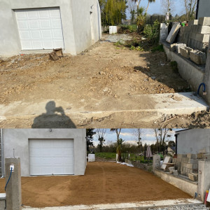 Photo de galerie - Création d’une cour en grou, après la pose d’un géotextiles.