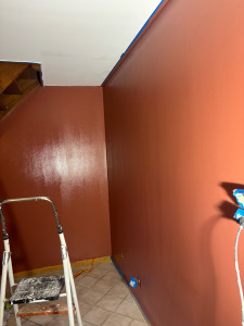 Photo de galerie - Dépose de l’ancien papier peint, préparation des supports, application de peinture de qualité sur les murs et le plafond.