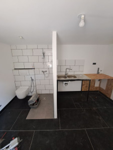Photo de galerie - Création d'une douche avec WC suspendu et pose d'un evier inox et ces attente pour une buanderie avec support à la demande pour lave linge et sèche linge 