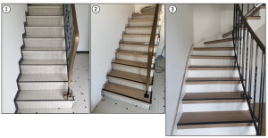 Photo de galerie - Habillage escalier -> revêtement marches en lames PVC et profilés alu, contre-marches et plinthes en contreplaqué