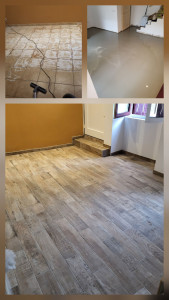 Photo de galerie - Décapage de l ancien sol , ragreage et pose du nouveau carrelage .