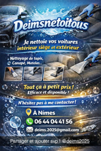 Photo de galerie - ✨ Nettoyage auto haut de gamme – Nîmes
Offrez à votre véhicule un nettoyage en profondeur avec finition soignée et résultat impeccable ?✨
? Intérieur / extérieur
?️ Traitement des sièges, tapis et taches
? Détails premium
? Nîmes • ? 7j/7