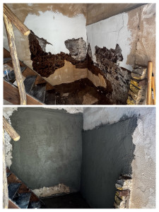 Photo de galerie - ✅ Travaux réalisés : • Décapage complet de l'ancien enduit pourri et détérioré par le temps sous l'escalier. • Application d'un nouvel enduit de ciment/mortier traditionnel (corps d'enduit) pour redresser proprement les parois et assainir le support.