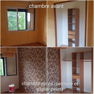Photo de galerie - Peintre tapisserie et réalisation d'étagères dans une chambre 